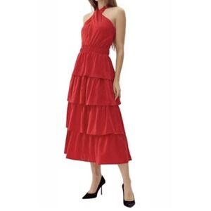 Adelyn Rae Eleanor Halter Tiered Midi Dress Crimson Red Ruffle Wedding Sz Small
